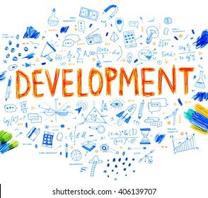 Hand Drawn Style Business Design. Pencil Sketch. Set of application development, web site coding, information and mobile technologies vector icons and elements. Development concept.