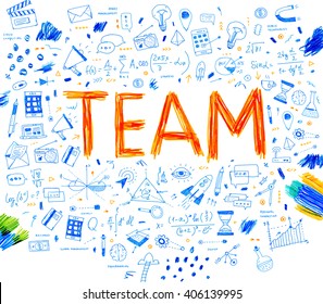 Hand Drawn Style Business Design. Pencil Sketch. Set of application development, web site coding, information and mobile technologies vector icons and elements. Team concept.
