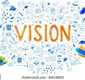 Hand Drawn Style Business Design. Pencil Sketch. Set of application development, web site coding, information and mobile technologies vector icons and elements. Vision concept.
