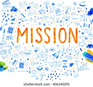 Hand Drawn Style Business Design. Pencil Sketch. Set of application development, web site coding, information and mobile technologies vector icons and elements. Mission concept.