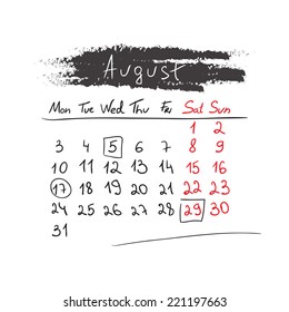 Hand drawn style calendar August 2015. Vector illustration