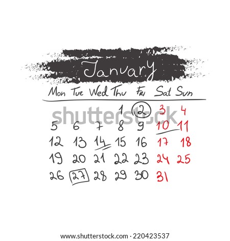 Hand drawn style calendar January 2015. Vector illustration