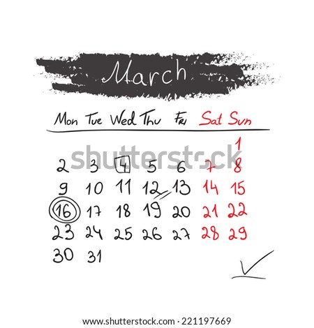 Hand drawn style calendar March 2015. Vector illustration