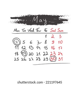 Hand drawn style calendar May 2015. Vector illustration