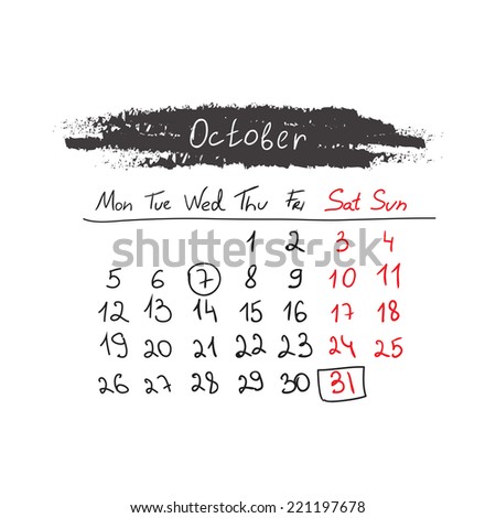 Hand drawn style calendar October 2015. Vector illustration