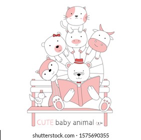 Hand drawn style. Cartoon sketch the cute baby animals read a book