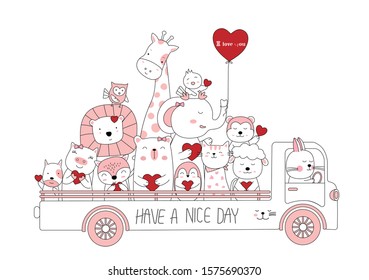 Hand drawn style. Cartoon sketch the cute baby animals with car