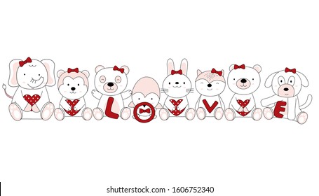 Hand drawn style. Cartoon sketch the cute posture baby animals with heart