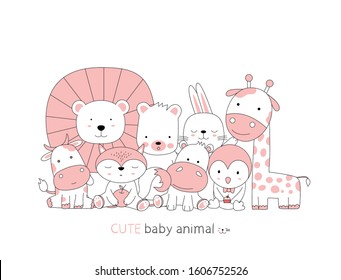 Hand drawn style. Cartoon sketch the cute posture baby animals