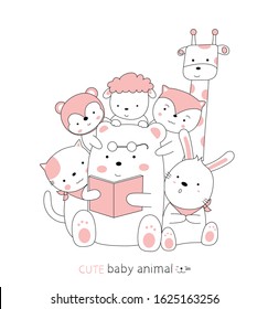 Hand drawn style. Cartoon sketch the cute posture baby animals