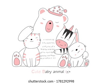 Hand drawn style. Cartoon sketch the cute posture baby animals