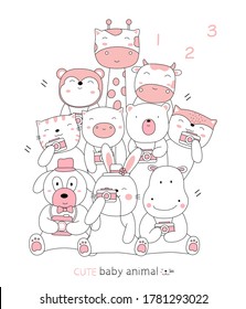 Hand drawn style. cartoon sketch the cute posture baby animals