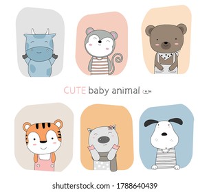 Hand drawn style. Cartoon sketch of cute baby animals with color frame background