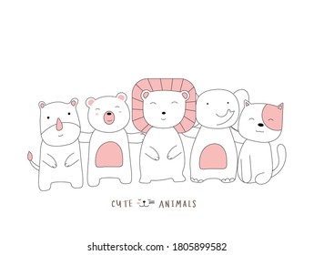 Hand drawn style. Cartoon sketch the cute posture baby animals