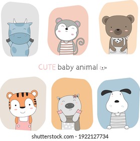 Hand drawn style. Cartoon sketch the cute posture baby animal with frame color background