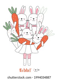 Hand drawn style. Cartoon sketch the cute posture baby rabbit  animal with carrot