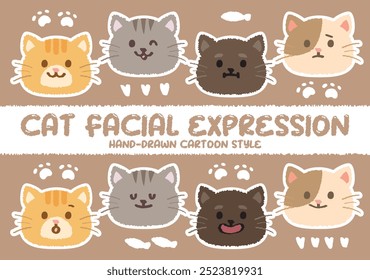 Estilo dibujado a mano gato expresión facial. Lindo crayón dibujado colorida variedad gatito cara emoción. Boceto de la cara del animal doméstico doodle hecho a mano. Animales de niños. Divertido bozal con estilo aislado mascotas. Vector