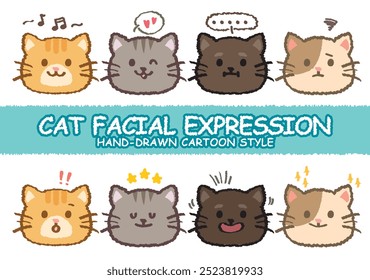 Estilo dibujado a mano gato expresión facial. Lindo crayón dibujado colorida variedad gatito cara emoción. Boceto de la cara del animal doméstico doodle hecho a mano. Animales de niños. Divertido bozal con estilo aislado mascotas. Vector