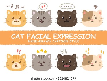 Hand drawn style cat facial expression. Cute crayon drawn colorful variety kitten character face emotion. Sketch pet face doodle handmade. Kids animals. Funny stylish muzzle isolated pets.Vector