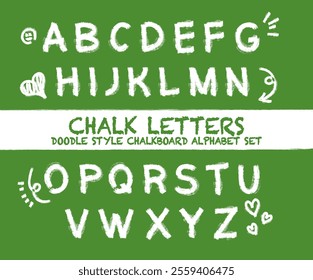 Hand drawn style chalk uppercase letters alphabet typography for kids school class vector on chalkboard background. Cute cartoon doodle style abc alphabets chart for nursery or kindergarten learning.