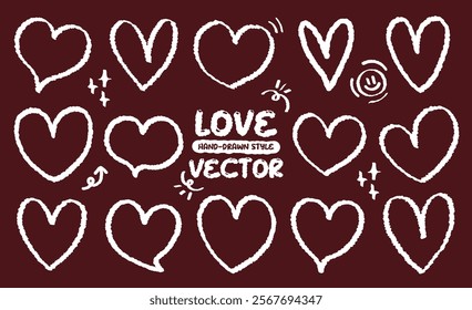 Hand drawn style chalk white line drawing heart pattern icon vector. Crayon grunge brush cute love shape set. Variety of free hand cartoon doodle style hearts icon. Valentine lover romantic chalkboard