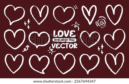 Hand drawn style chalk white line drawing heart pattern icon vector. Crayon grunge brush cute love shape set. Variety of free hand cartoon doodle style hearts icon. Valentine lover romantic chalkboard