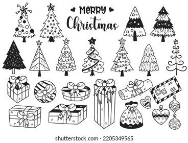 Hand drawn style Christmas tree and gift box doodle objects vector illustration for banner poster flyer