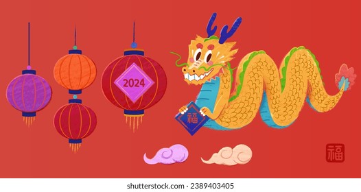 Hand drawn style CNY year of the dragon elements isolated on orange red background. Text translation: Fortune.