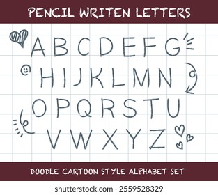 Hand drawn style colorful pencil written uppercase letters alphabet typography for kids school class vector. Cute cartoon doodle style abc alphabets chart for nursery or kindergarten learning.