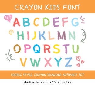 Hand drawn style colorful wax crayon writing uppercase letters alphabet typography for kids school class vector. Cute cartoon doodle style abc alphabets chart for nursery or kindergarten learning.