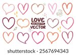 Hand drawn style crayon pink color drawing heart pattern icon vector. Pencil grunge brush cute outline love shape set. Variety of free hand cartoon doodle style hearts icon. Valentine lover romantic.
