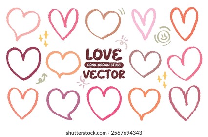 Hand drawn style crayon pink color drawing heart pattern icon vector. Pencil grunge brush cute outline love shape set. Variety of free hand cartoon doodle style hearts icon. Valentine lover romantic.