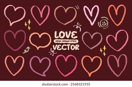 Hand drawn style crayon pink color drawing heart pattern icon vector. Pencil grunge brush cute outline love shape set. Variety of free hand cartoon doodle style hearts icon. Valentine lover romantic.