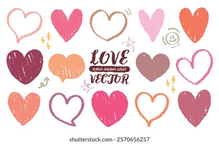 Hand drawn style crayon pink color drawing heart pattern icon vector. Colorful pencil grunge brush cute love shape set. Variety of free hand cartoon doodle style hearts icon. Valentine lover romantic.