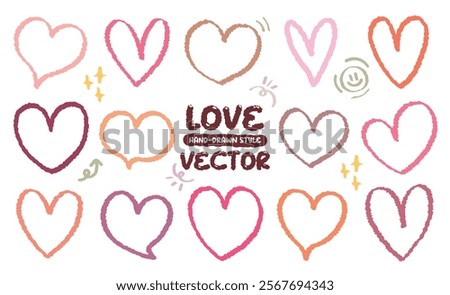 Hand drawn style crayon pink color drawing heart pattern icon vector. Pencil grunge brush cute outline love shape set. Variety of free hand cartoon doodle style hearts icon. Valentine lover romantic.