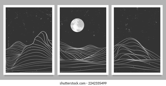 Estilo dibujado a mano de la creativa línea minimalista moderna de la impresión de arte. Resumen de paisajes estéticos contemporáneos de montaña. con la montaña, la luna, la ola. ilustraciones vectoriales