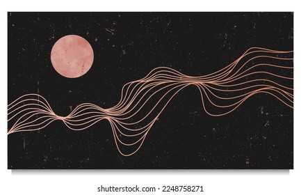 Hand drawn style of creative minimalist modern line art print with the red moon. Abstract background contemporary with a dynamic waves and line. vector illustrations