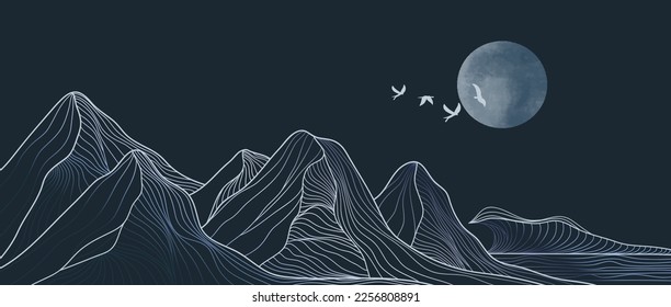 Hand drawn style of creative minimalist modern line art print. Abstract mountain contemporary aesthetic backgrounds landscapes. with mountain, skyline, ocean wave and blue moon. vector illustrations