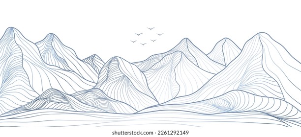 Hand drawn style of creative minimalist modern line art print. Abstract mountain contemporary aesthetic backgrounds landscapes. with mountain, flying bird, ocean wave. vector illustrations