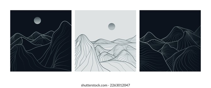 Hand drawn style of creative minimalist modern line art print. Natural abstract landscape background design on set. with mountains, island and sea. vector illustrations