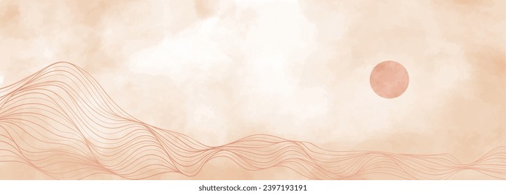 Hand drawn style of creative minimalist modern line art pattern and painting with the red moon. Abstract background contemporary with a dynamic waves and line. vector mountain illustrations