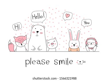 Hand drawn style. Cute animal cartoon doodle pastel wallpaper