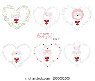 Hand drawn style cute animals holding red heart