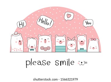 Hand drawn style. Cute bear cartoon doodle pastel wallpaper