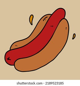 Hand Drawn Style Cute Hot Dog Illustration. Fast Food Cute Illustration Vector