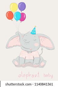 Hand drawn style, Cute little elephant cartoon hold colorful balloon.