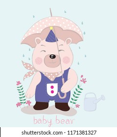 Hand drawn style, Cute little bear cartoon hold umbrella in hand on a rainy day