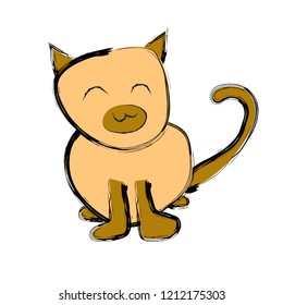 Hand drawn style of cute smiling cat on white background