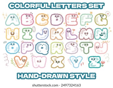 Hand drawn style cute uppercase letters alphabet creative typography design for children education vector illustration.Colorful funky abc font typeface with comic faces for nursery or kindergarten.