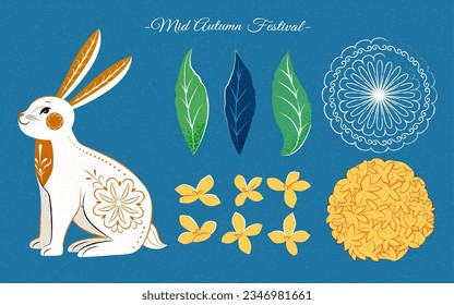 Hand drawn style cute white rabbit with orange flower pattern and floral element set isolated on blue background. Suitable for mid autumn festival greeting cards and poster design.